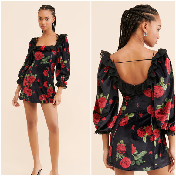 For Love And Lemons Dresses & Skirts - For Love & Lemons Yara Printed Velvet Mini Dress Black rose red size 2XS